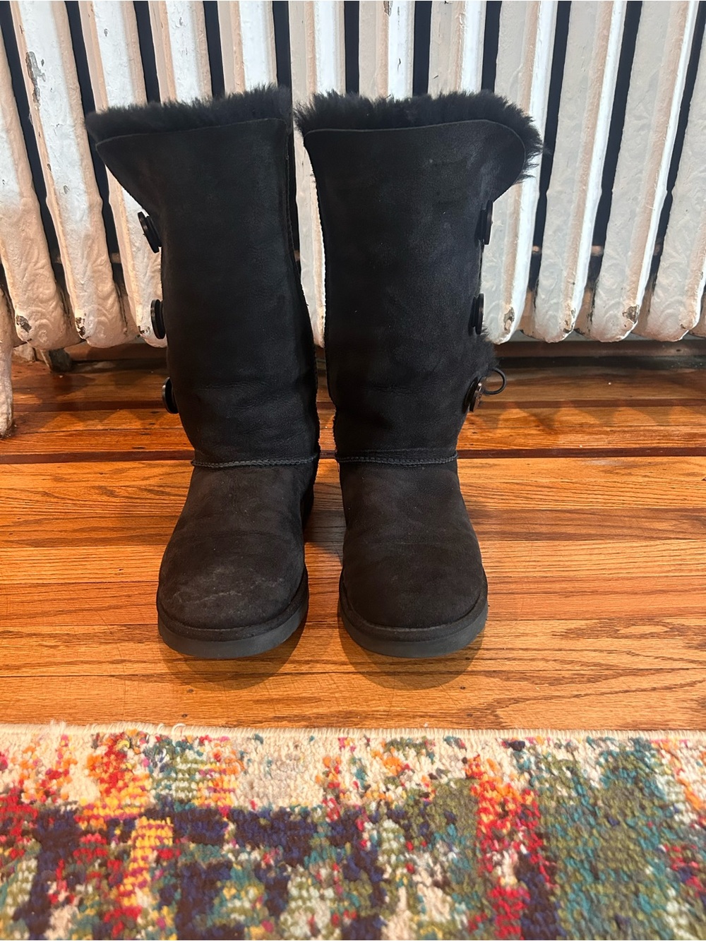 UGG Black Suede Mid-Calf Winter Boots with Fur Trim